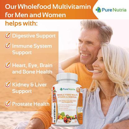 PureNutria Whole Food Multivitamin & Minerals with Probiotic Enzymes – 120 Tablets for Women and Men