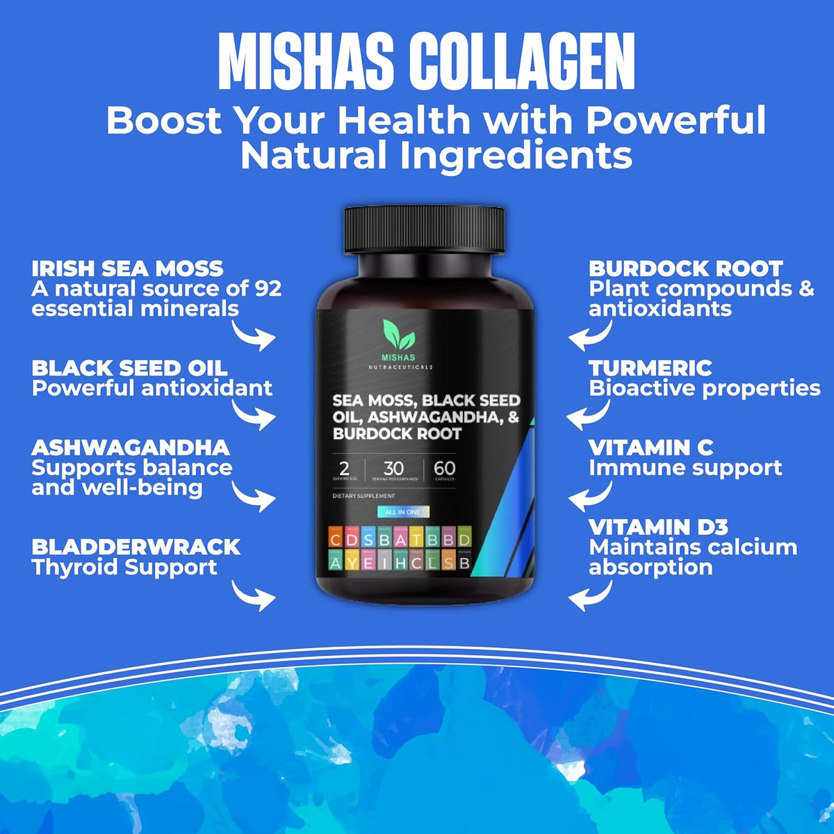 Mishas Nutraceuticals Sea Moss Blend with Black Seed Oil, Ashwagandha, Turmeric, Bladderwrack, Burdock Root, Vitamin C & D3, Elderberry, Manuka, Dandelion, Yellow Dock, Iodine, Chlorophyll & ACV - görsel 8