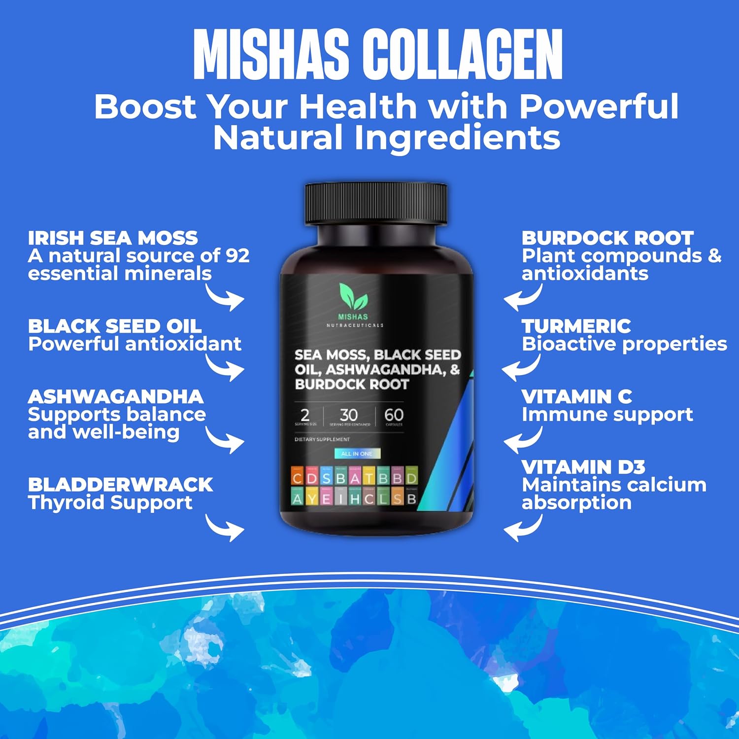 Mishas Nutraceuticals Sea Moss Blend with Black Seed Oil, Ashwagandha, Turmeric, Bladderwrack, Burdock Root, Vitamin C & D3, Elderberry, Manuka, Dandelion, Yellow Dock, Iodine, Chlorophyll & ACV - görsel 8