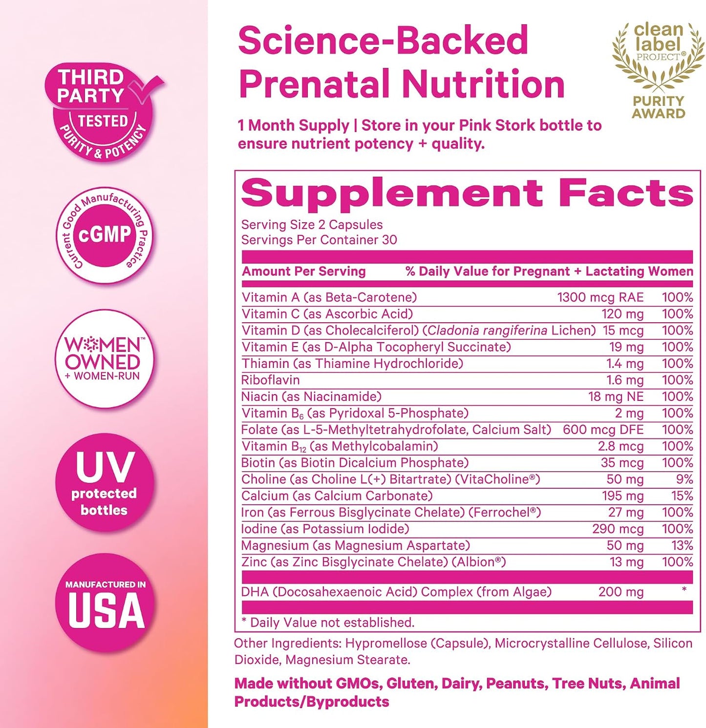 Pink Stork Total Prenatal Vitamins with Vegan DHA, Methylfolate, Iron, Choline - 60 Capsules - görsel 6