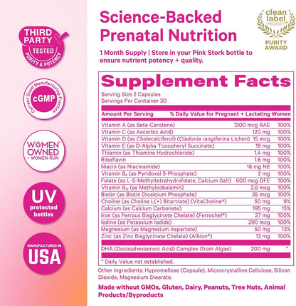 Pink Stork Total Prenatal Vitamins with Vegan DHA, Methylfolate, Iron, Choline - 60 Capsules