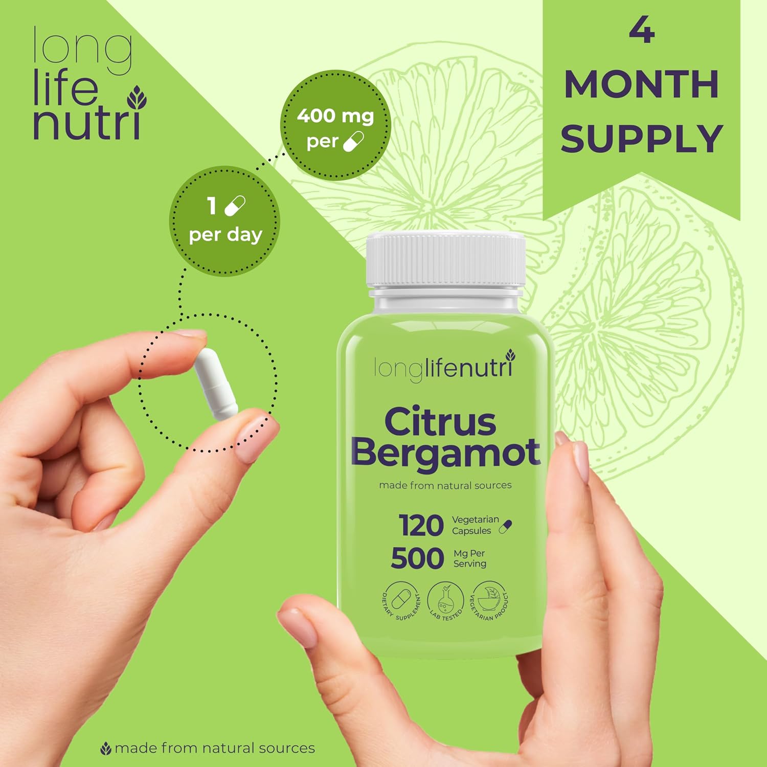LongLifeNutri Citrus Bergamot Extract 500 mg – 120 Vegetarian Capsules (4-Month Supply) - görsel 5