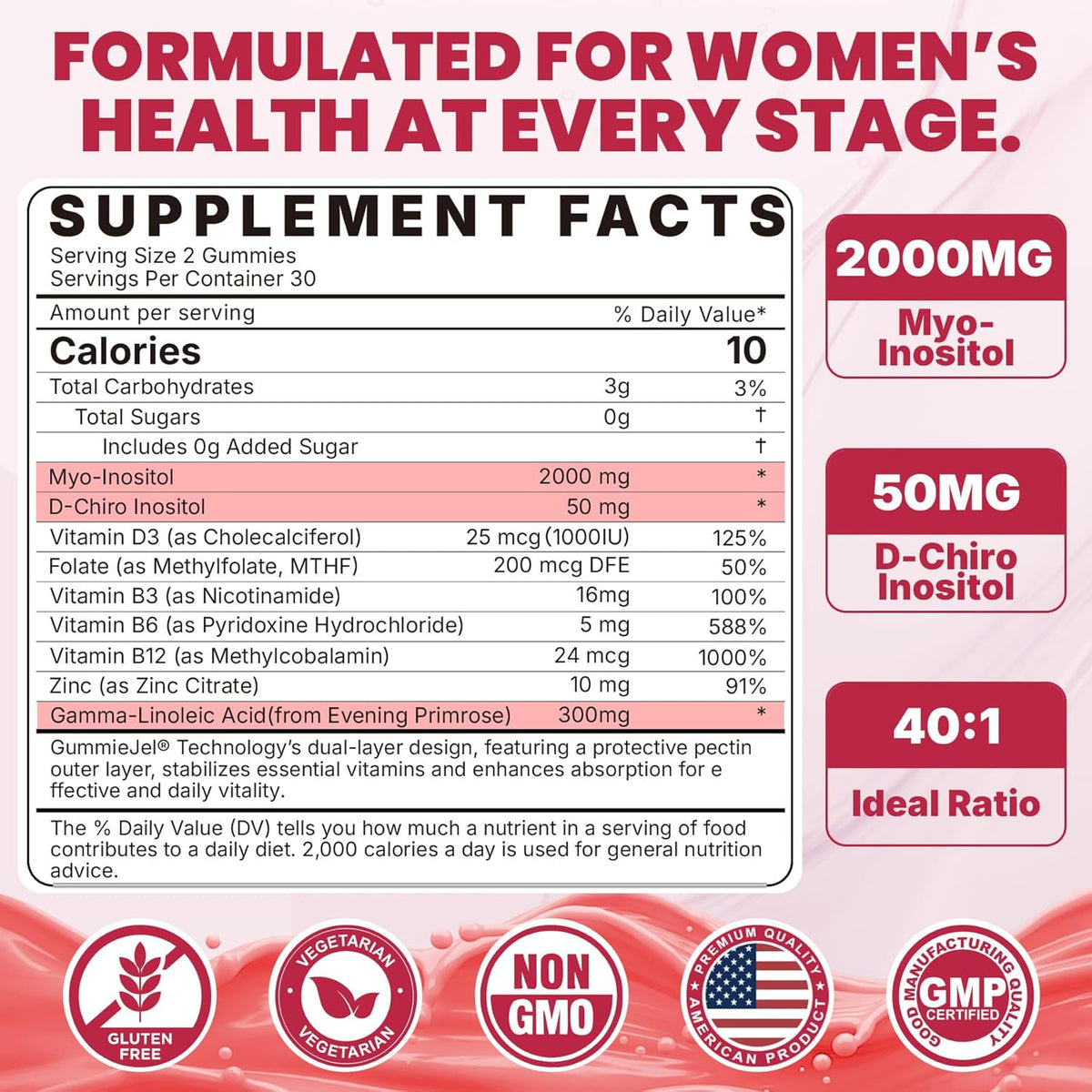Nextdia Inositol Gummies with Evening Primrose Oil for Women - 40:1 Ratio Myo-Inositol 2000mg & D-Chiro Inositol 50mg with Vitamin D3, B6, B12 & Zinc, Sugar-Free, Vegan (60 Gummies) - görsel 2