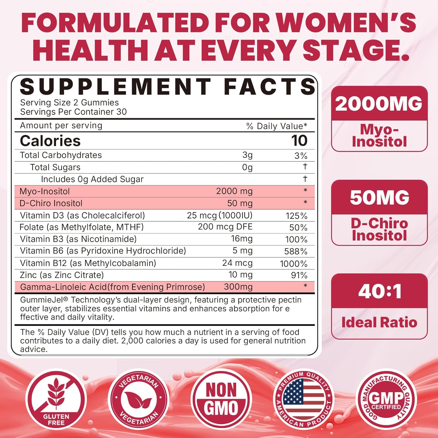 Nextdia Inositol Gummies with Evening Primrose Oil for Women - 40:1 Ratio Myo-Inositol 2000mg & D-Chiro Inositol 50mg with Vitamin D3, B6, B12 & Zinc, Sugar-Free, Vegan (60 Gummies) - görsel 2