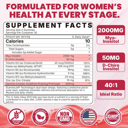 Nextdia Inositol Gummies with Evening Primrose Oil for Women - 40:1 Ratio Myo-Inositol 2000mg & D-Chiro Inositol 50mg with Vitamin D3, B6, B12 & Zinc, Sugar-Free, Vegan (60 Gummies)