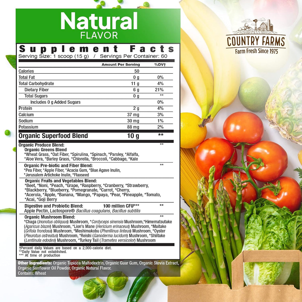 Country Farms Super Greens Natural Flavour – Organic Superfood Powder with Fibre, Mushrooms & Probiotics (60 Servings, 900g) - görsel 3