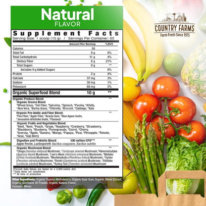 Country Farms Super Greens Natural Flavour – Organic Superfood Powder with Fibre, Mushrooms & Probiotics (60 Servings, 900g)