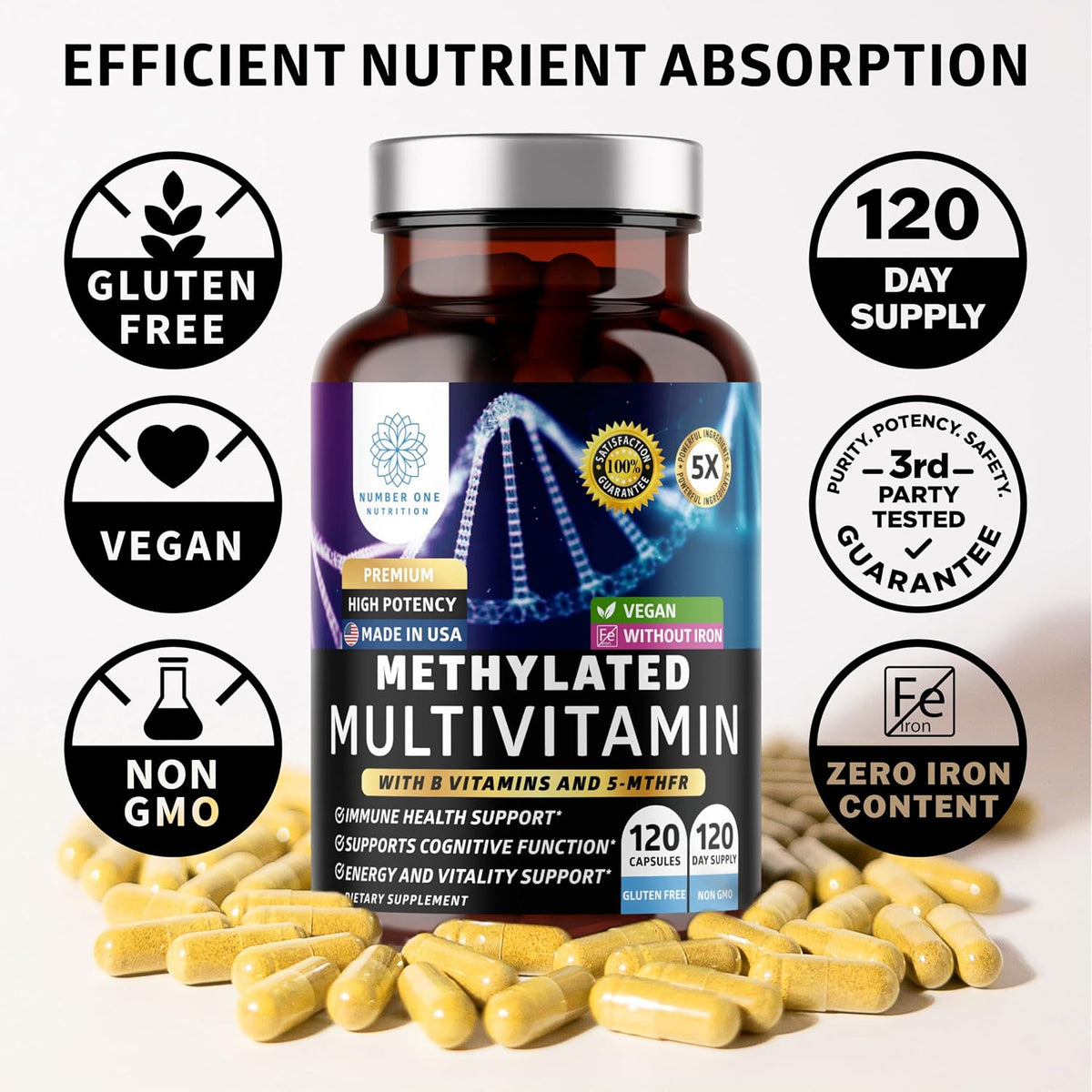 Number One Nutrition Methylated Multivitamin for Women & Men, Natural Daily Multivitamins with Folate, Vitamin B12, Vitamin B2 and B6, Non-GMO, Gluten-free, 120 Caps - görsel 7