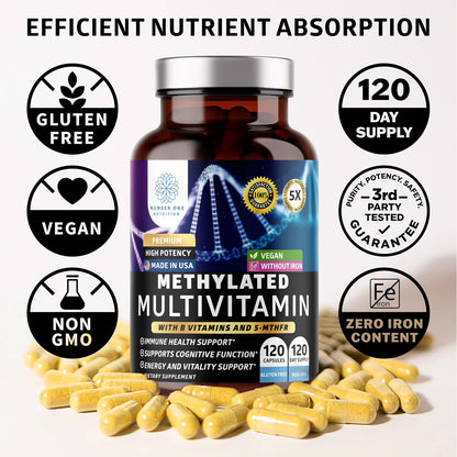 Number One Nutrition Methylated Multivitamin for Women & Men, Natural Daily Multivitamins with Folate, Vitamin B12, Vitamin B2 and B6, Non-GMO, Gluten-free, 120 Caps
