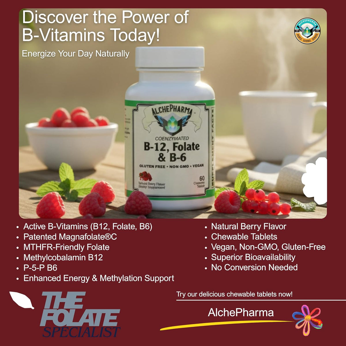 Co-Enzymated B-12, Folate & B-6 Chewable Tablets - Natural Berry Flavour - with Methylcobalamin, P-5-P, and Magnafolate-C L-5-MTHF - görsel 2