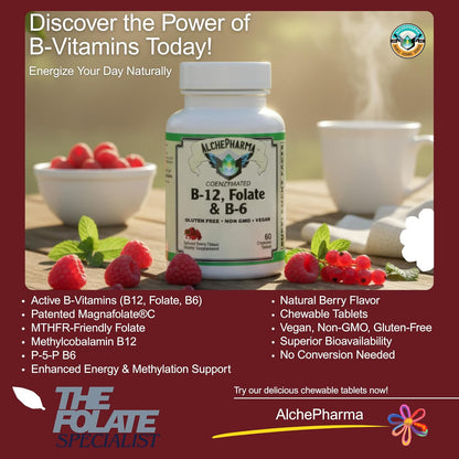 Co-Enzymated B-12, Folate & B-6 Chewable Tablets - Natural Berry Flavour - with Methylcobalamin, P-5-P, and Magnafolate-C L-5-MTHF