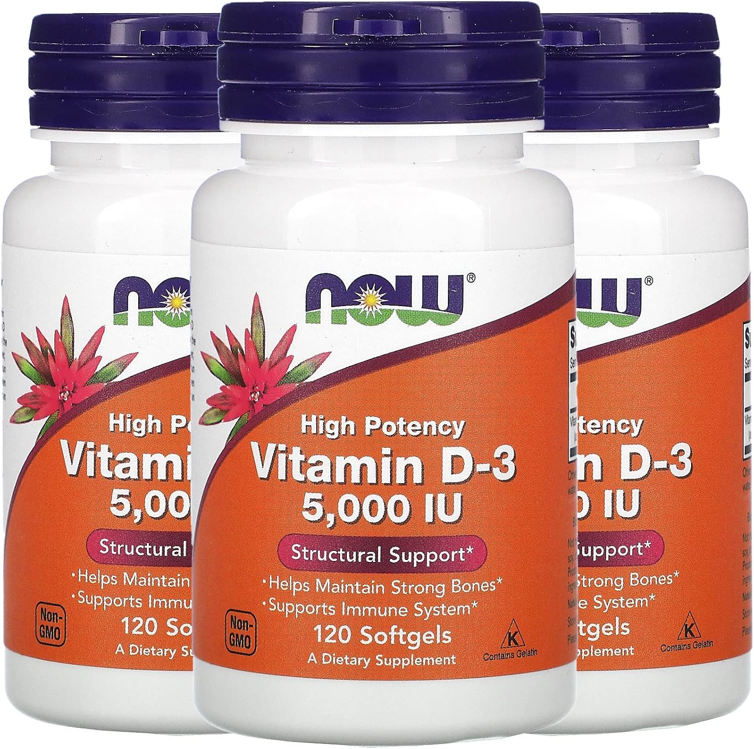 NOW Foods Now Supplements, Vitamin D-3 5,000 IU, High Potency, Structural Support*, 120 Softgels (3 Pack) - görsel 1