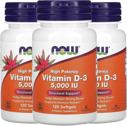 NOW Foods Now Supplements, Vitamin D-3 5,000 IU, High Potency, Structural Support*, 120 Softgels (3 Pack)