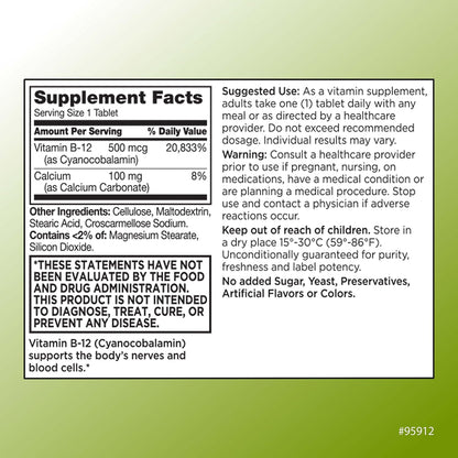 Quality Choice Vitamin B12 500 mcg Tablets – Energy Metabolism & Nervous System Support – 100 Tablets