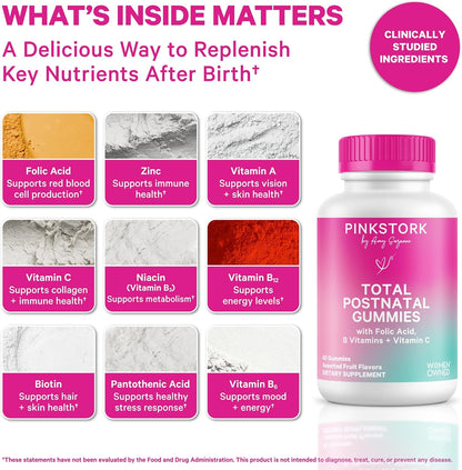 Pink Stork Total Postnatal Vitamin Gummies – Multivitamin for Postpartum Recovery and Breastfeeding Support (60 Gummies)