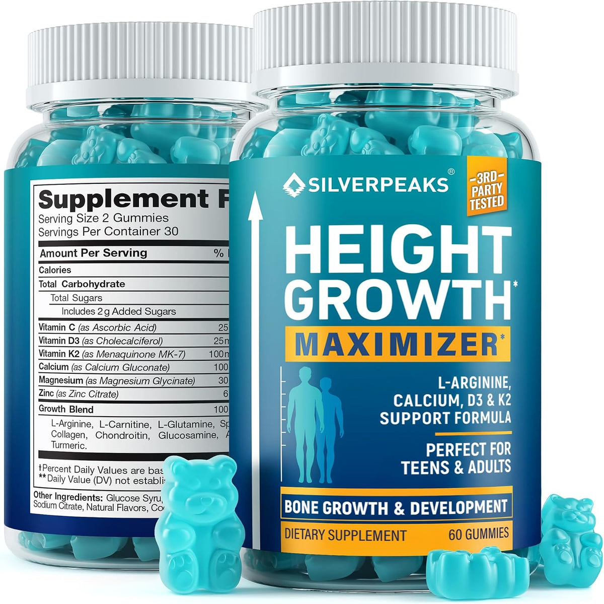 SILVERPEAKS Height Growth Gummies for Kids, Teens & Adults - Height Growth Maximiser Supplement with Calcium, Vitamins D3 & K2, Magnesium, Zinc for Bone Strength & Height Increase - 60 Gummy Chews - görsel 1