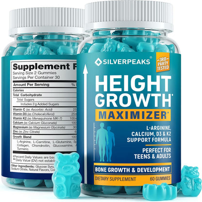 SILVERPEAKS Height Growth Gummies for Kids, Teens & Adults - Height Growth Maximiser Supplement with Calcium, Vitamins D3 & K2, Magnesium, Zinc for Bone Strength & Height Increase - 60 Gummy Chews