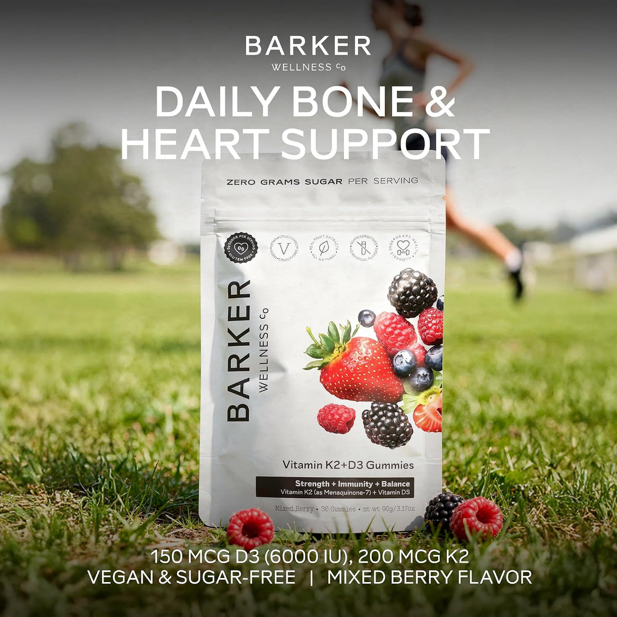 Barker Wellness D3 K2 Vitamin Gummies – Max Potency: 6000 IU D3 + 200 mcg K2 for Strong Bones, Heart Health and Immune Support | Vegan, Sugar-Free, Delicious Mixed Berry Flavour | 30 Servings - görsel 3