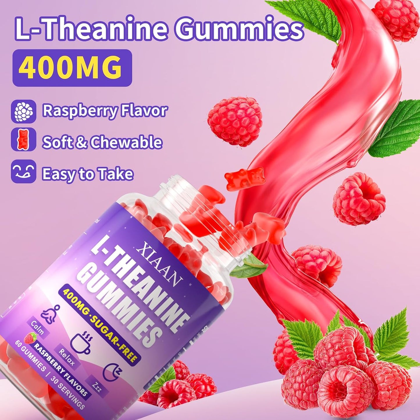 XIAAN L-Theanine Gummies for Kids & Adults, 400mg L-Theanine Supplement for Calm, Relaxation, and Sleep Support, Vegan, Organic, Raspberry Flavour, 60 Counts - görsel 5