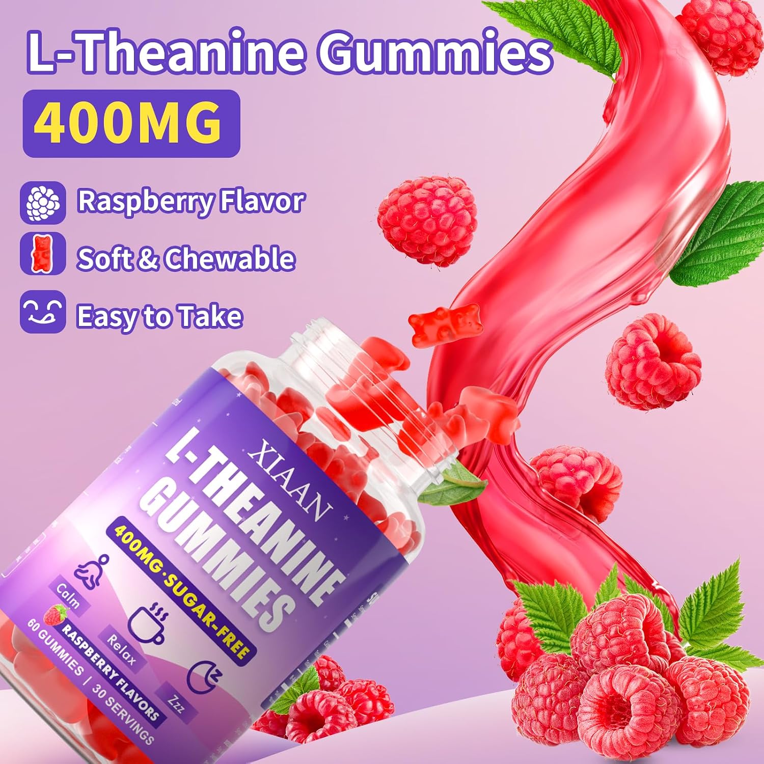 XIAAN L-Theanine Gummies for Kids & Adults, 400mg L-Theanine Supplement for Calm, Relaxation, and Sleep Support, Vegan, Organic, Raspberry Flavour, 60 Counts - görsel 5