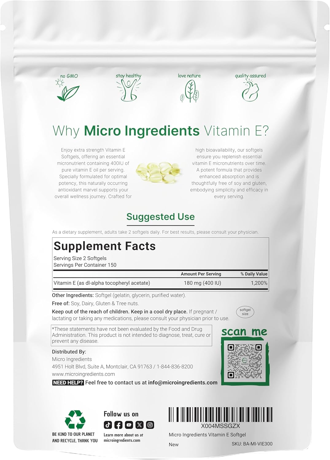 Micro Ingredients Vitamin E 400IU, 300 Soft gel capsules - görsel 2