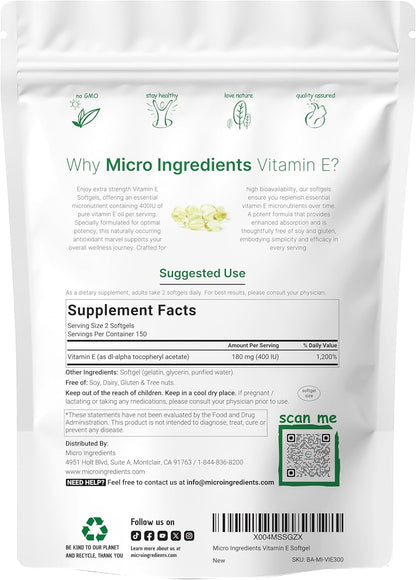 Micro Ingredients Vitamin E 400IU, 300 Soft gel capsules