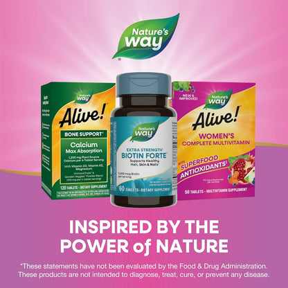 Nature's Way Extra Strength Biotin Forte, Contributes to Normal Hair, Skin and Nails, 5,000 mcg per Serving, High Potency B-Vitamins, Vitamin C, 60 Vegan Tablets