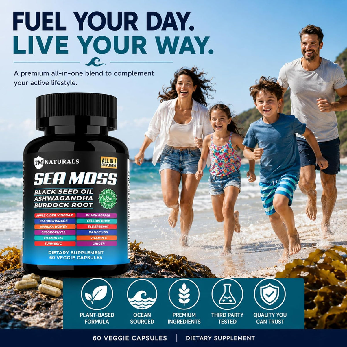 Sea Moss with Black Seed Oil, Vitamin C, Ashwagandha and Turmeric for Immune Support & Energy – 60 Vegan Capsules + Free Pill Box - görsel 8