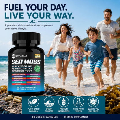 Sea Moss with Black Seed Oil, Vitamin C, Ashwagandha and Turmeric for Immune Support & Energy – 60 Vegan Capsules + Free Pill Box