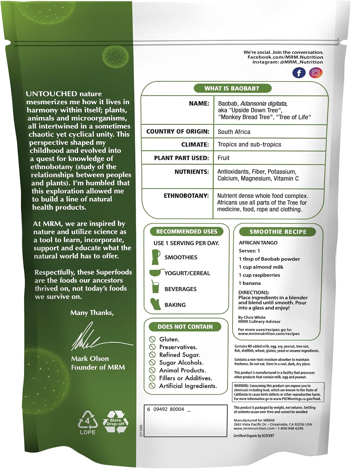 MRM Organic Baobab Powder - USDA Organic Baobab Fruit Powder Superfood with Fibre, Antioxidants & Vitamin C for Smoothies, Juices & Daily Nutrition - 40 Servings - görsel 2