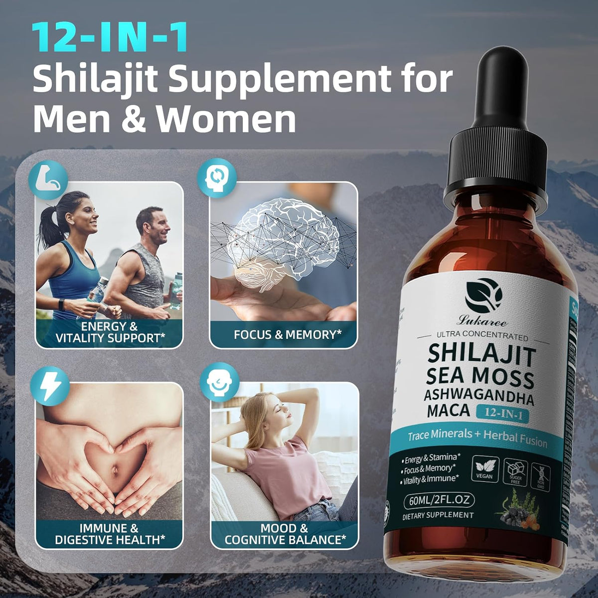Shilajit Liquid Drops, 12-in-1 Complex - Sea Moss, Ashwagandha, Maca, Fulvic Acid, Trace Minerals, Liquid Multivitamin Supplement for Men and Women, Energy, Antioxidant, Immune Support, 60ml - görsel 2