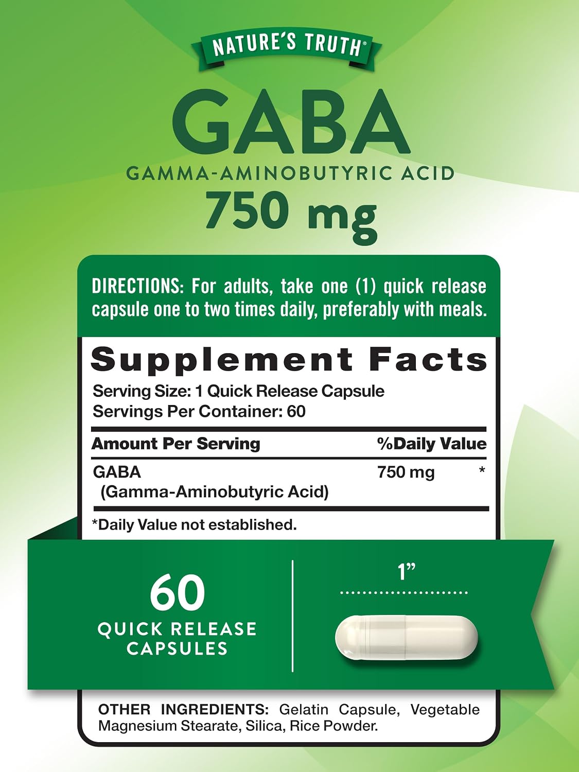 Nature's Truth GABA 750mg Capsules – 60 Count - görsel 2