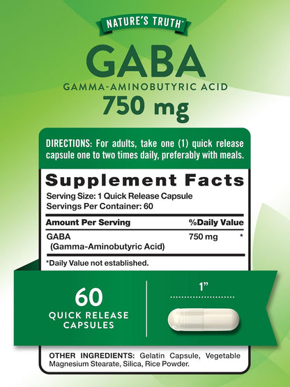 Nature's Truth GABA 750mg Capsules – 60 Count