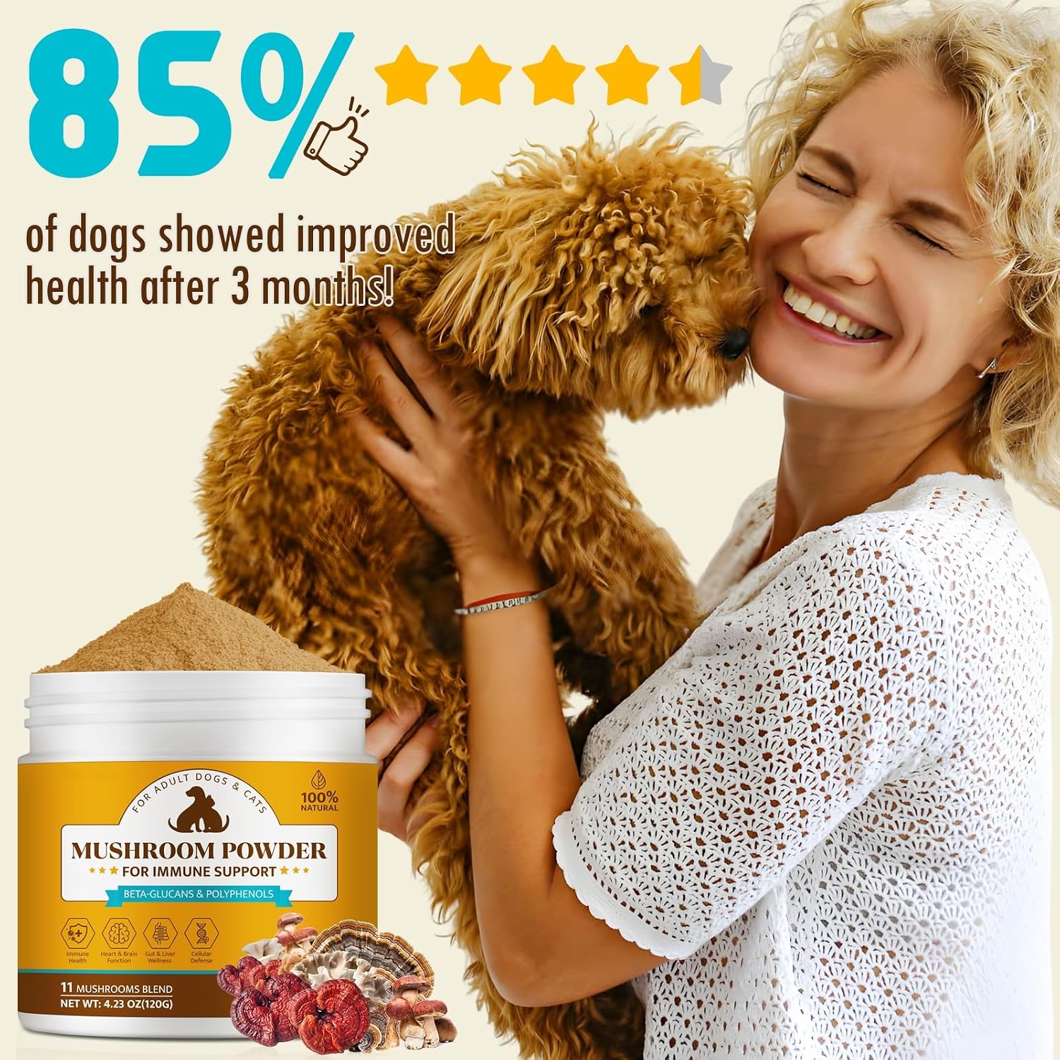 Organic Mushroom Supplement Powder for Dogs & Cats – 11 Mushroom Complex with Turkey Tail, Reishi & Cordyceps, Supports Lipoma, Lumps & Bumps Relief, Immune & Skin Health, 120g - görsel 6