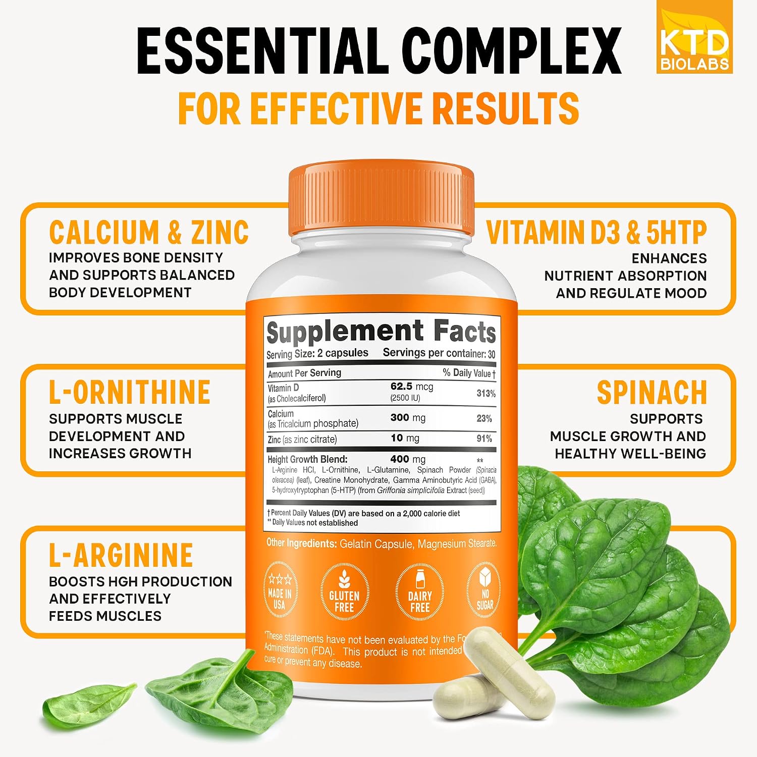 Kids Height Growth Support Capsules – Daily Development Formula with Calcium, Vitamin D3 & Zinc – Bone & Nutrition Support for Children & Teens – Amino Blend – 60 Capsules - görsel 2