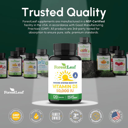 ForestLeaf Vitamin D3 50,000 IU - Weekly Food Supplement for Bone and Immune Support