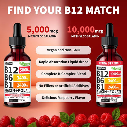 NUSAVA Vitamin B12 Liquid Drops 5000µg with B-Complex & Thiamine - Sublingual Methylcobalamin, Vegan, Non-GMO, Raspberry (Pack of 4, 60 ml Each)