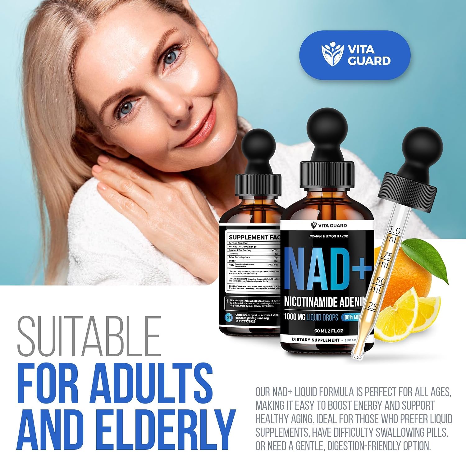 Vita Guard Pure NAD+ Liquid Drops 1000mg - NAD+ Precursor Supplement with Natural Citrus Flavour - görsel 8