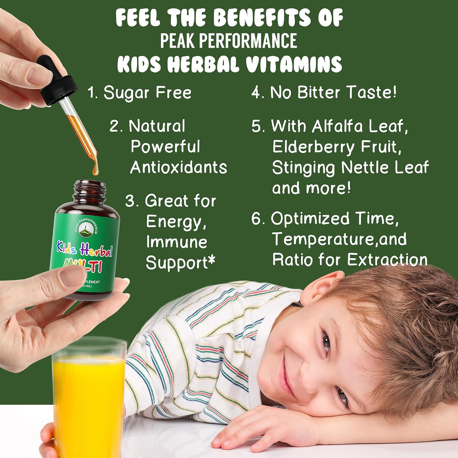Peak Performance Liquid Kids Herbal Multivitamin - Sugar Free 14-in-1 Vegan Drops - görsel 2