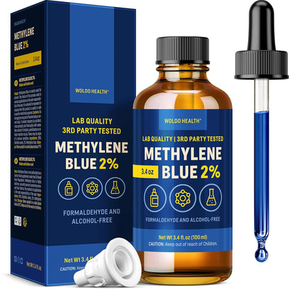 WoldoHealth DMSO 10% with Methylene Blue 1% - 3.4oz Amber Glass Bottle with Precision Dropper