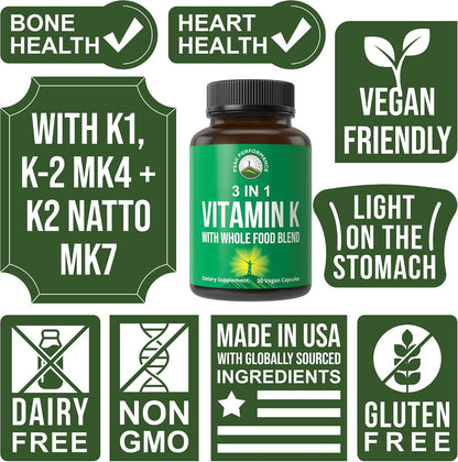 Vitamin K Capsules with Whole Food Blend of 25+ Vegetables and Fruits