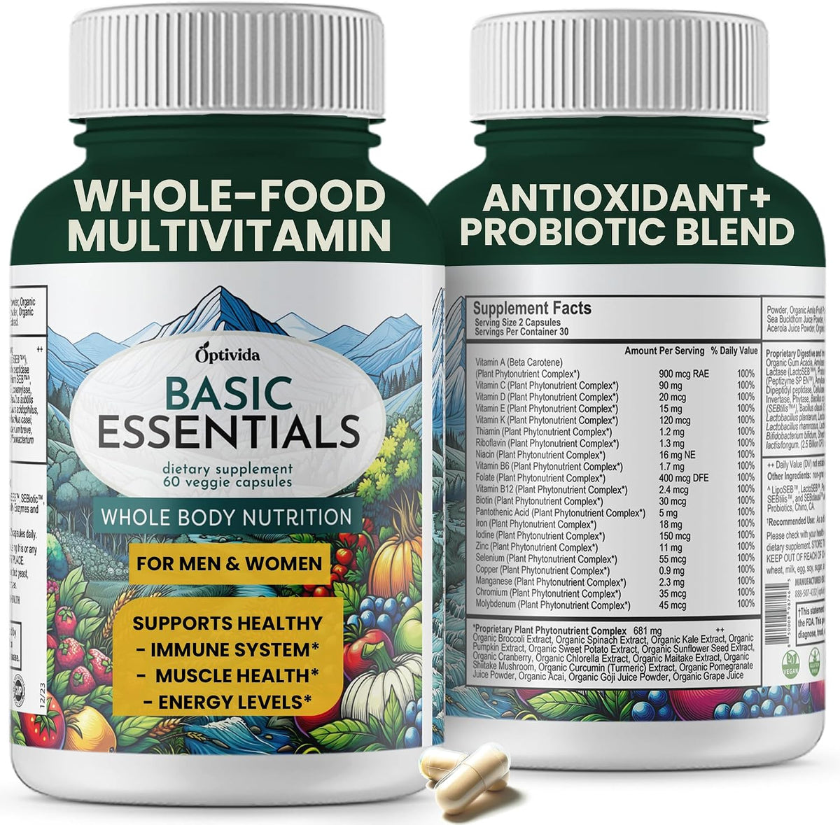 OPTIVIDA Organic Whole Food Multivitamin for Men & Women (1 Month Supply) with Probiotics & Antioxidant Blends - görsel 1