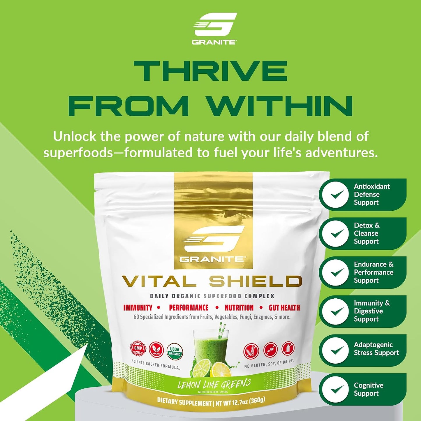 Granite Nutrition Vital Shield – USDA Organic Superfood Greens Powder with Mushrooms & Tart Cherry, Lemon and Lime, 30 Servings - görsel 2
