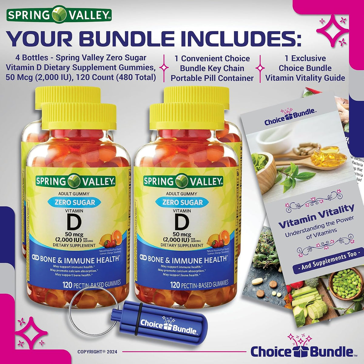 Spring Valley Zero Sugar Vitamin D Gummies Bundle - 4 Pack (480 Gummies) with Guide and Pill Container - görsel 6