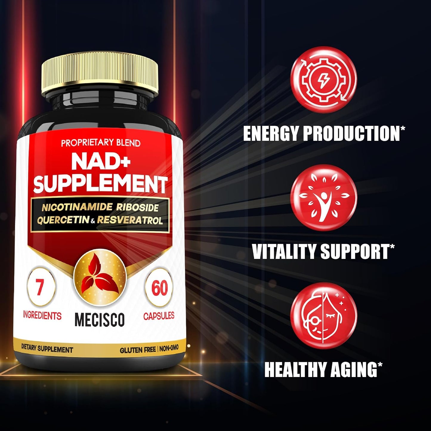 Mecisco NAD+ Supplement with Nicotinamide Riboside with Quercetin, Resveratrol, Turmeric, Rhodiola Rosea, Astragalus – 60 Capsules - görsel 3