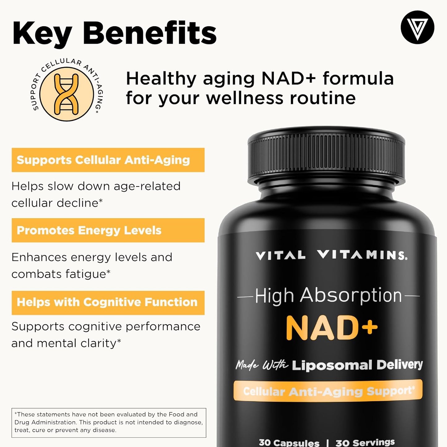 Vital Vitamins NAD+ Supplement - 500mg Liposomal NAD+ for Cellular Energy & Healthy Ageing - 30-Day Supply - görsel 4