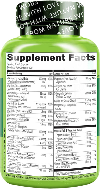 NATURELO One Daily Multivitamin for Women Over 50 (Iron Free) – Menopause Support – Whole Food Supplement – 120 Capsules