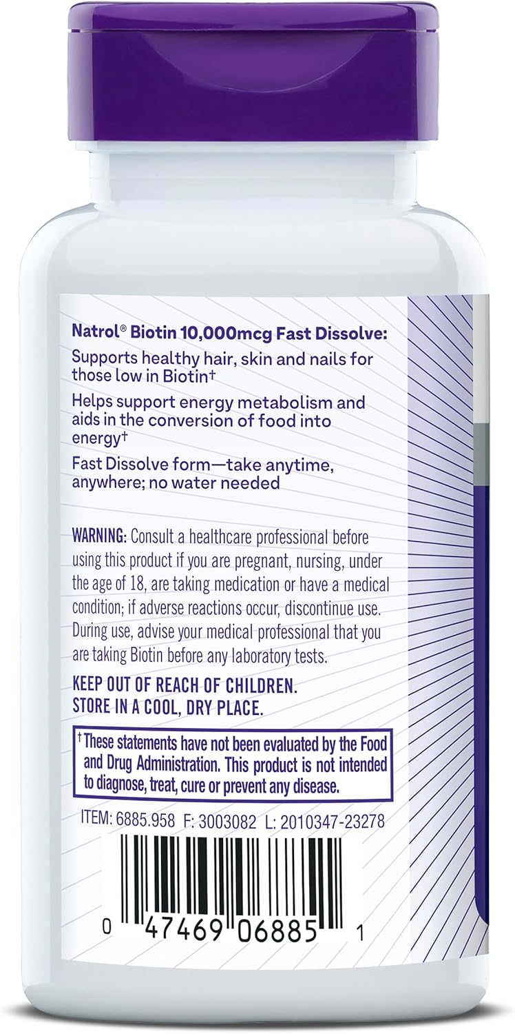 Natrol Biotin 10000mcg, Fast-Dissolve Tablets for Hair, Skin and Nails, 60 Tablets - görsel 9
