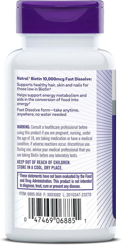 Natrol Biotin 10000mcg, Fast-Dissolve Tablets for Hair, Skin and Nails, 60 Tablets