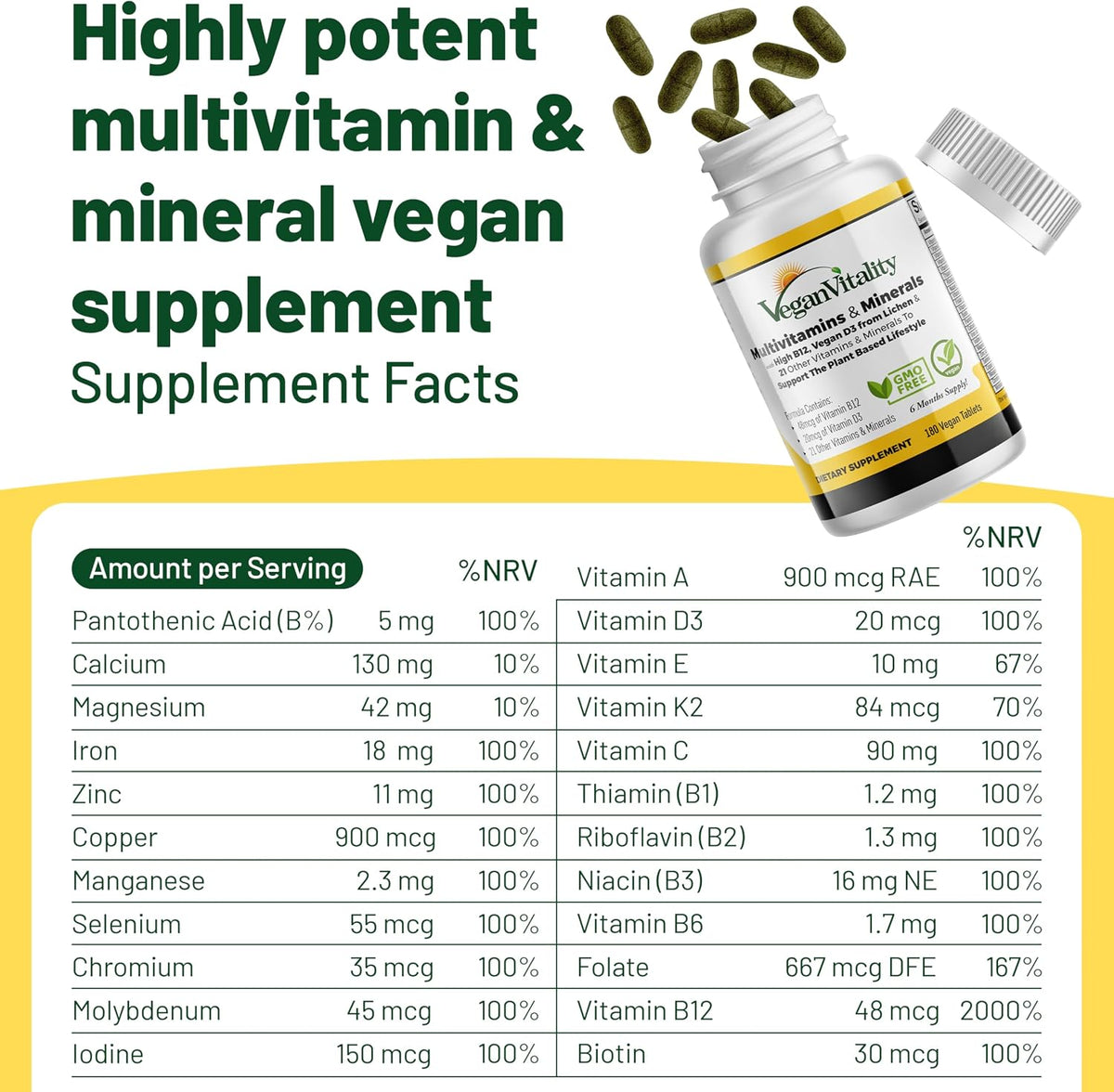 Vegan Vitality Multivitamin for Women and Men - High Strength B12, D3 & K2 - 180 Vegan Tablets - görsel 6